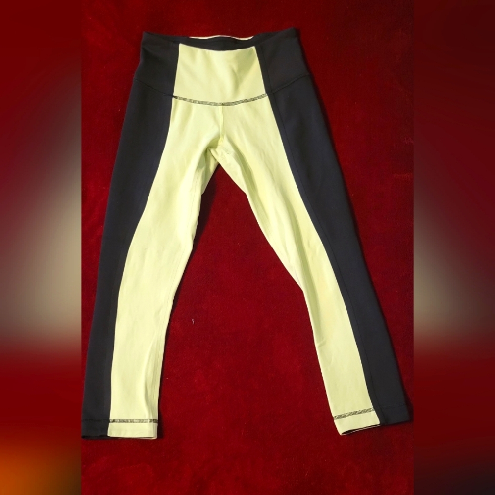 Lululemon Wunder Under Capri Pant Color Blocked Neon Yellow & Black, Size 2